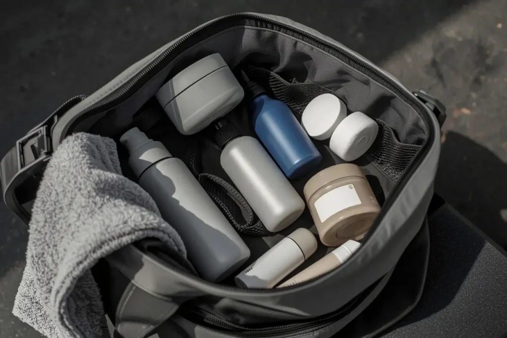 Open gym bag on bench packed with matte, unmarked skincare containers (cleanser, toner, serum, aloe, moisturizer, SPF), cotton pads, towel, water bottle, and resistance bands; soft gym lighting, organized and ready for post-workout routine.