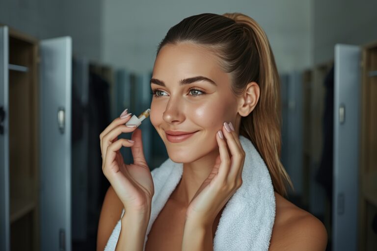 Fit woman with radiant, dewy skin applying serum to her face after a workout in a modern gym locker room, towel on shoulders, soft lighting highlighting her fresh glow