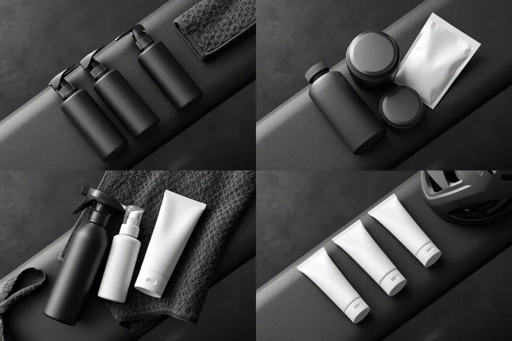 Four-panel gym bench layout showing blank matte skincare containers for different workouts: cardio (three black squeeze bottles), weightlifting (two gray jars, white pad pack), yoga (spray bottle, two dropper vials), cycling (three white tubes); subtle props like towels and weights, soft lighting, no text or markings on products.