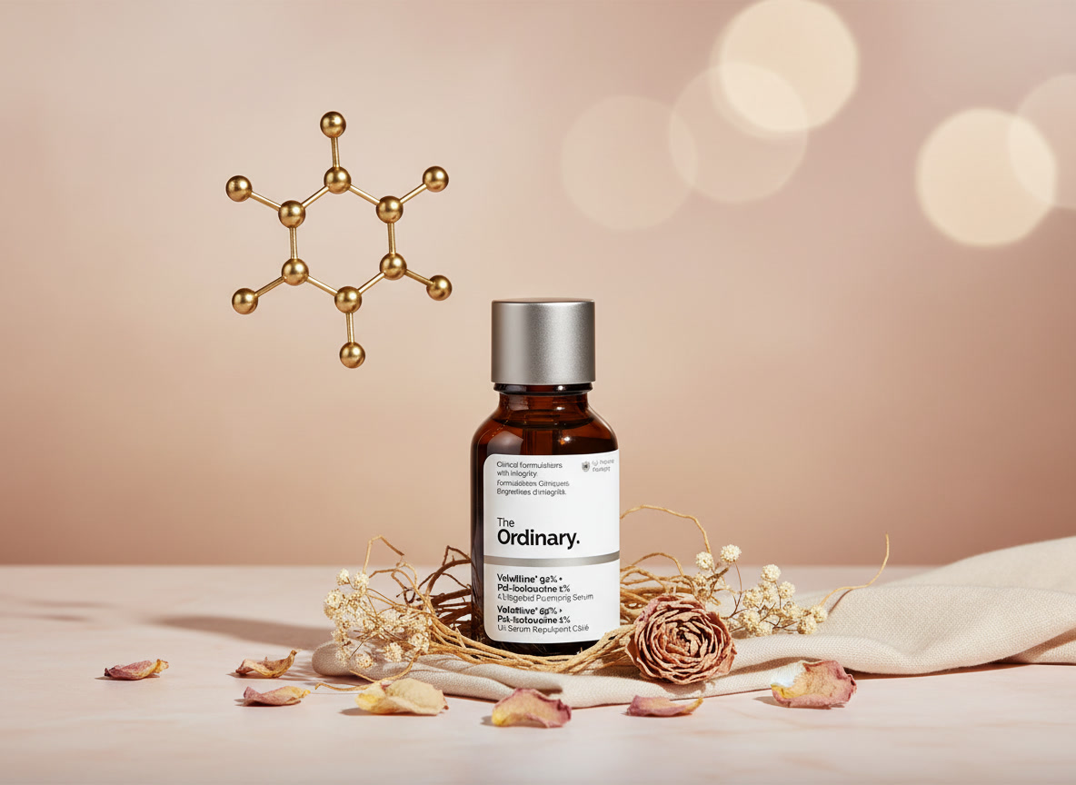 Close-up product photograph of a 30ml The Ordinary Hyaluronic Acid 2% + B5 serum in a dark amber glass dropper bottle with silver cap, centered on a soft beige fabric with scattered dried rose petals, eucalyptus leaves, and dried flowers in a nest-like arrangement; a large metallic molecular structure model glows in golden bokeh lights on the upper left, evoking luxury skincare elegance.