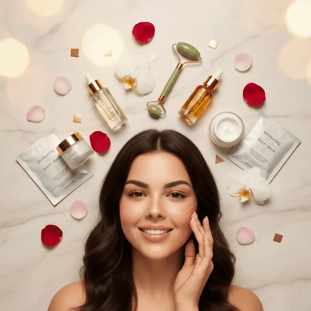 Woman with glowing skin surrounded by skincare products including serums, jade roller, moisturizer, sheet masks, rose petals, and white flowers