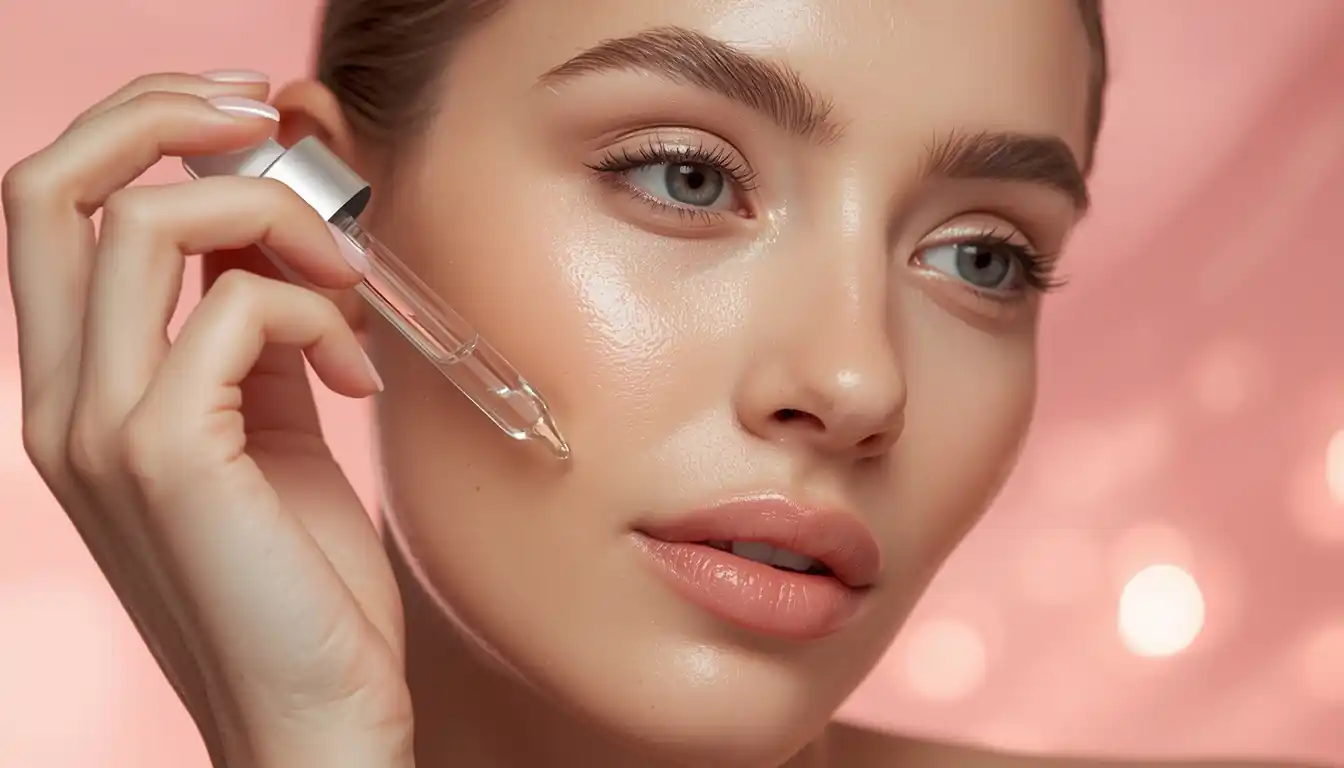 Close-up of woman applying hyaluronic acid serum to face with glowing, hydrated skin