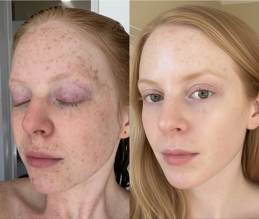 before and after of a woman who use vitamin c serum seeing noticeable difference in dark spots
