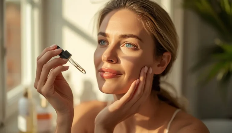 A woman in her late 30s applying serum by a sunny window as part of her morning anti-aging skincare routine.