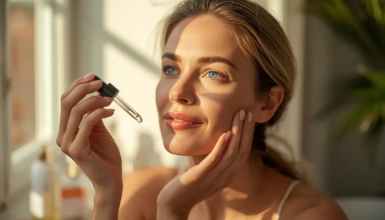 A woman in her late 30s applying serum by a sunny window as part of her morning anti-aging skincare routine.