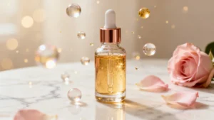 Luxury glass exosome skin serum dropper bottle with golden liquid surrounded by floating translucent micro-spheres on a cream marble surface with blush pink rose petals