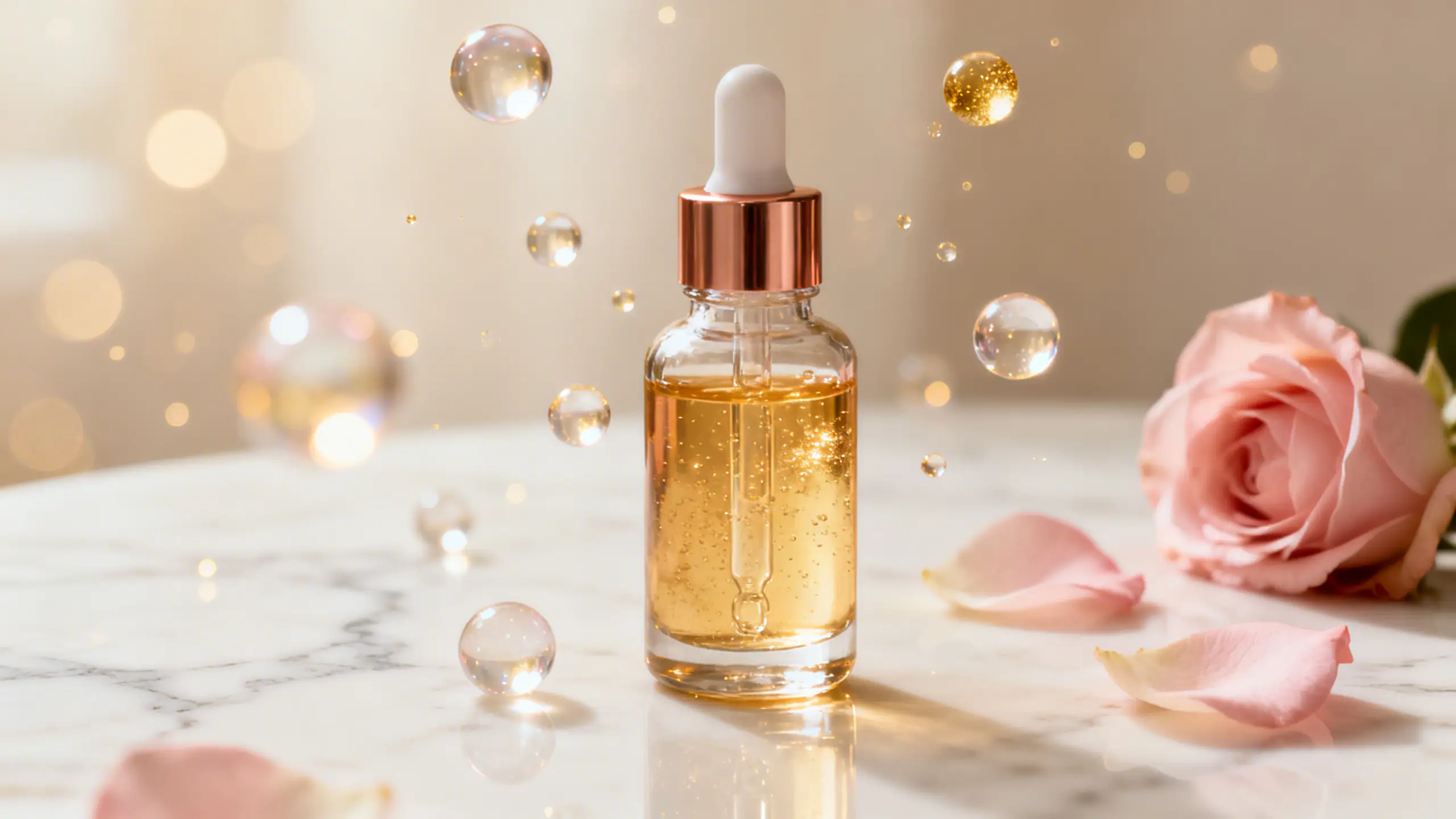 Luxury glass exosome skin serum dropper bottle with golden liquid surrounded by floating translucent micro-spheres on a cream marble surface with blush pink rose petals