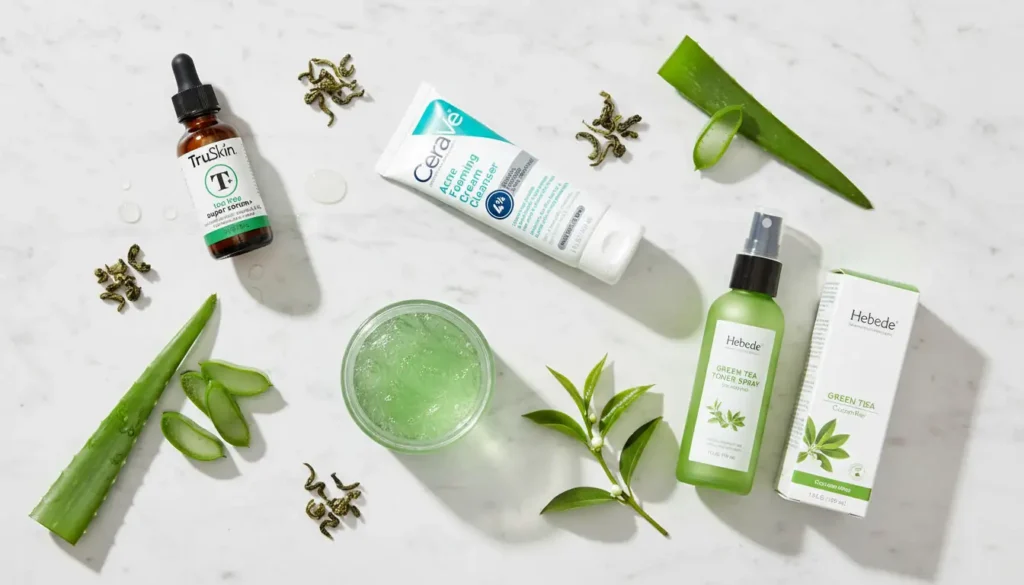 Flat lay of natural home acne treatments on white marble surface including tea tree oil in amber bottle, benzoyl peroxide cleanser, aloe vera gel, and green tea toner with fresh aloe slices and tea leaves