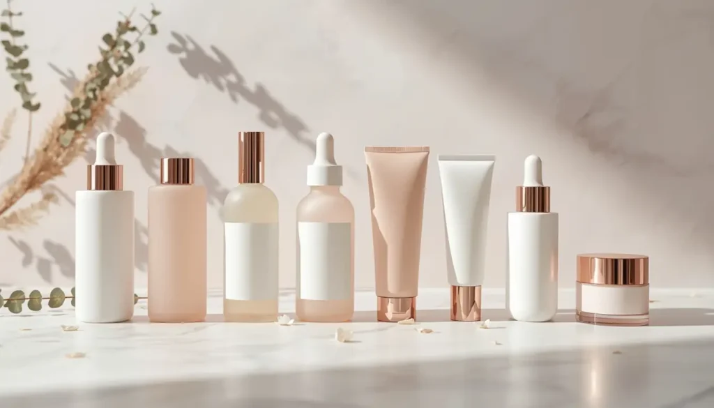 Step-by-step skincare routine products arranged in a diagonal line on a white marble surface, showing morning and evening acne treatment products including cleanser, serum, moisturizer, sunscreen, micellar water, retinoid treatment, spot treatment, and night cream in minimalist blush pink and white packaging with eucalyptus accents