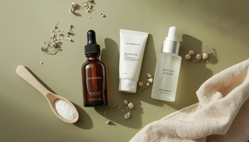 Close-up of three anti-aging skincare ingredients — vitamin C serum, retinol, and peptide serum — on a sage green surface.