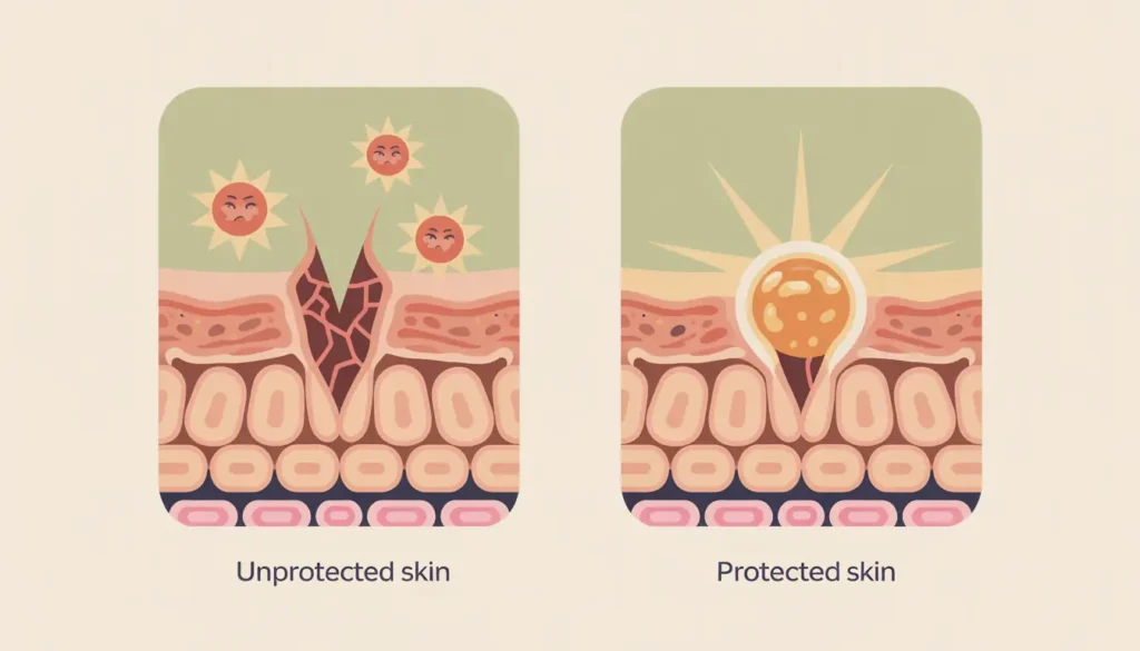 Illustration comparing protected and unprotected skin cross-sections showing collagen fibers, UV ray damage, and free radical activity.