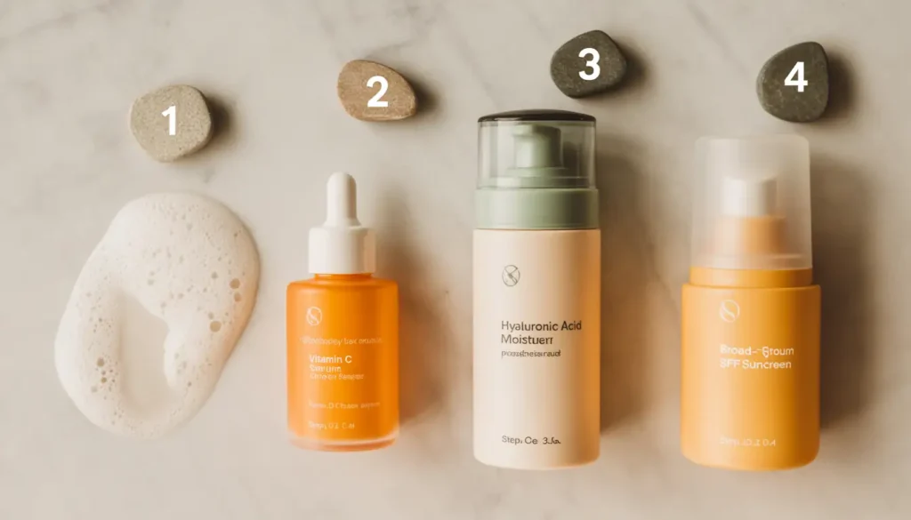 Four morning anti-aging skincare products arranged in sequential steps on a marble surface — cleanser, vitamin C serum, moisturizer, and SPF.